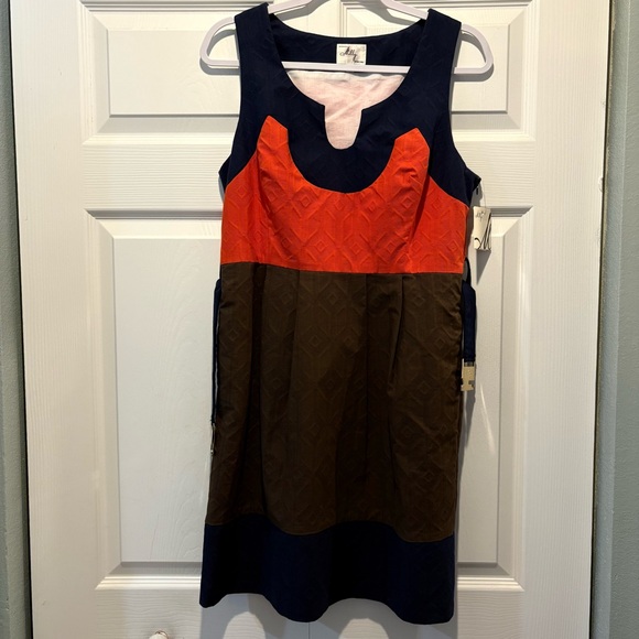 Milly brown orange blue colorblock sleeveless belted dress pockets size 8 NWT - Picture 2 of 16